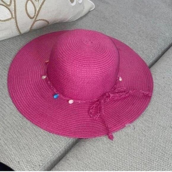 Accessories - Pink Beachy Straw Floppy Hat Coastal Grandma Spring Beaded